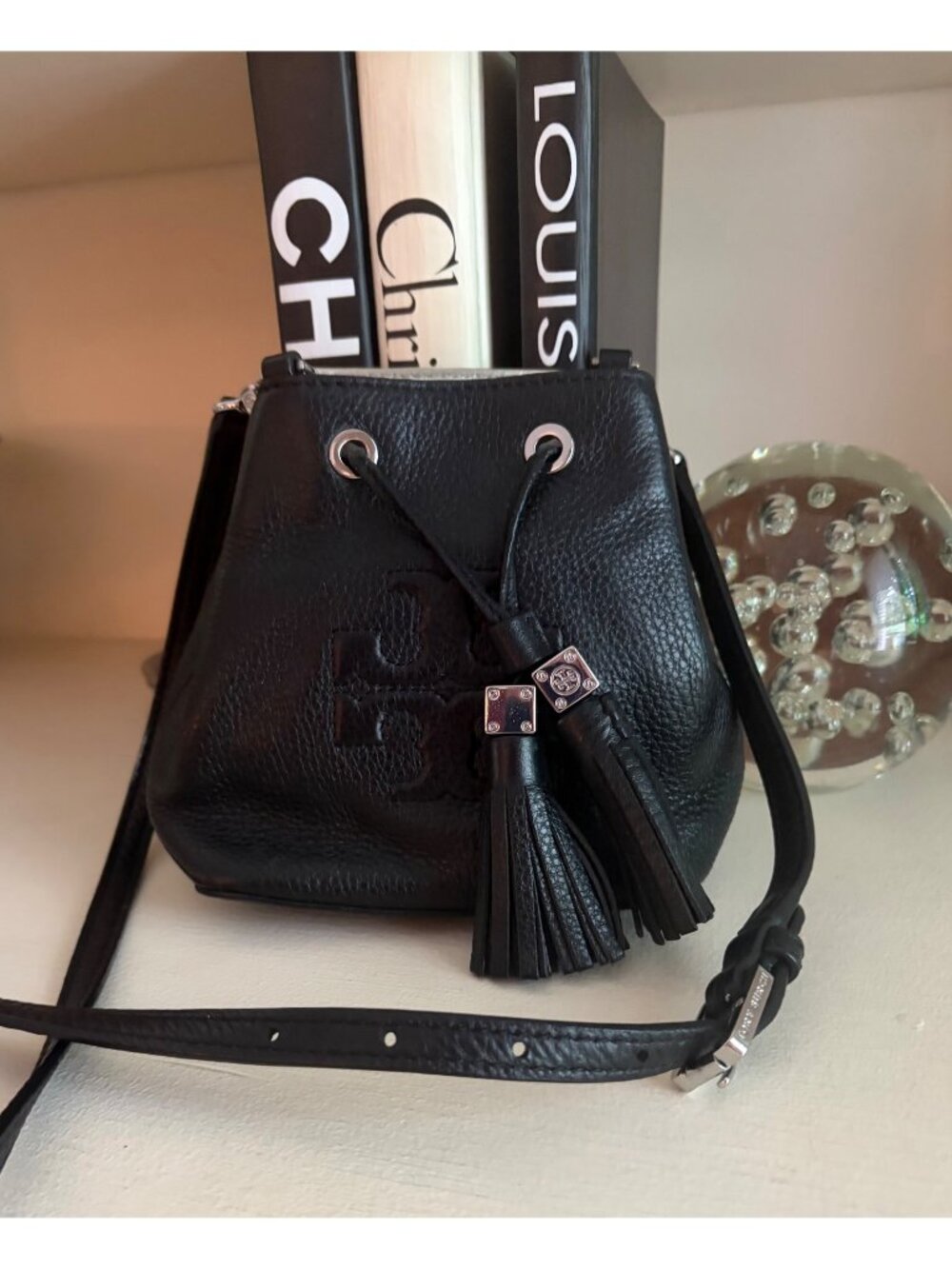 Tory Burch Thea Black Tassel Mini Leather Bucket Bag